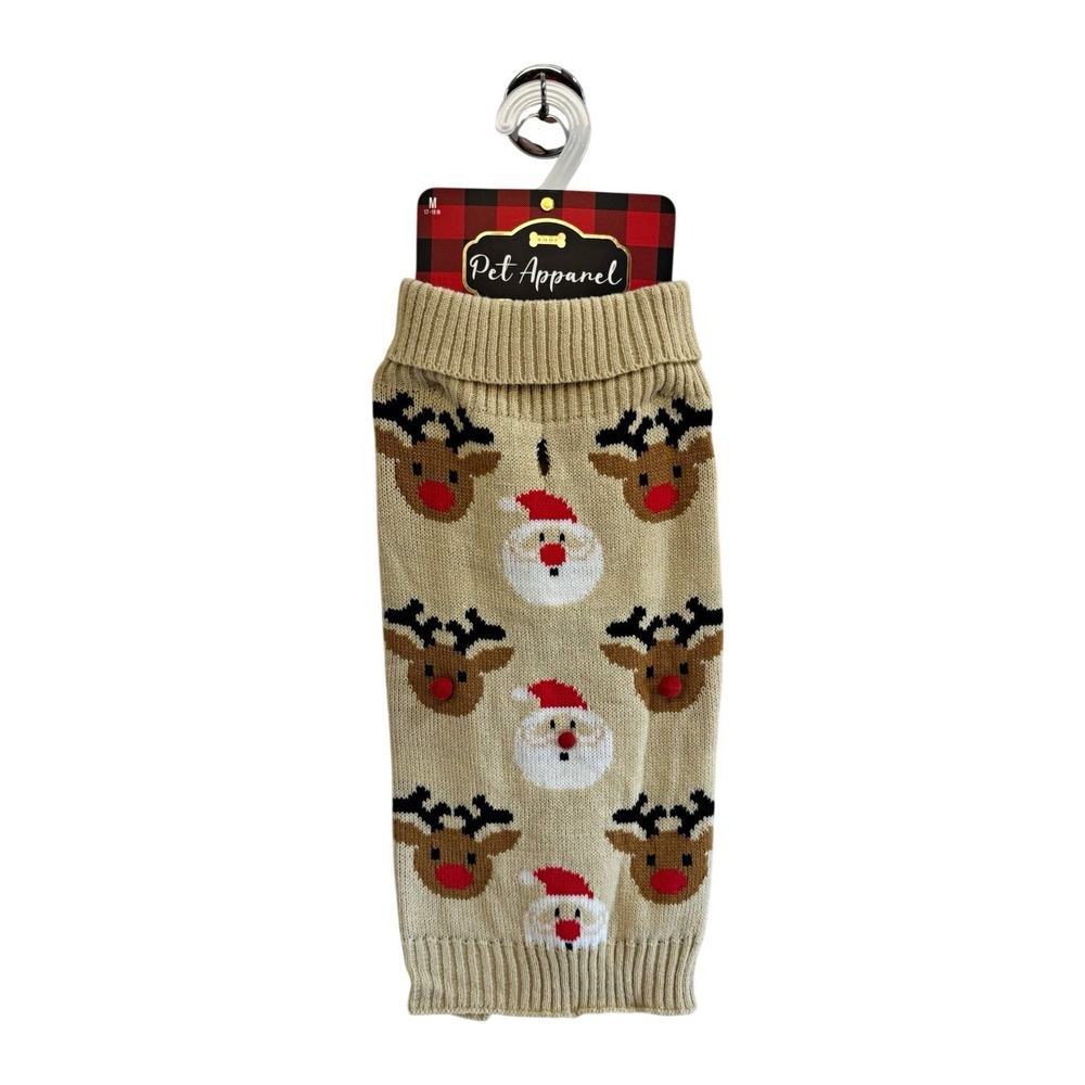 Christmas Dog Sweater Medium Santa Reindeer Tan Knit Pet Apparel New With Tags